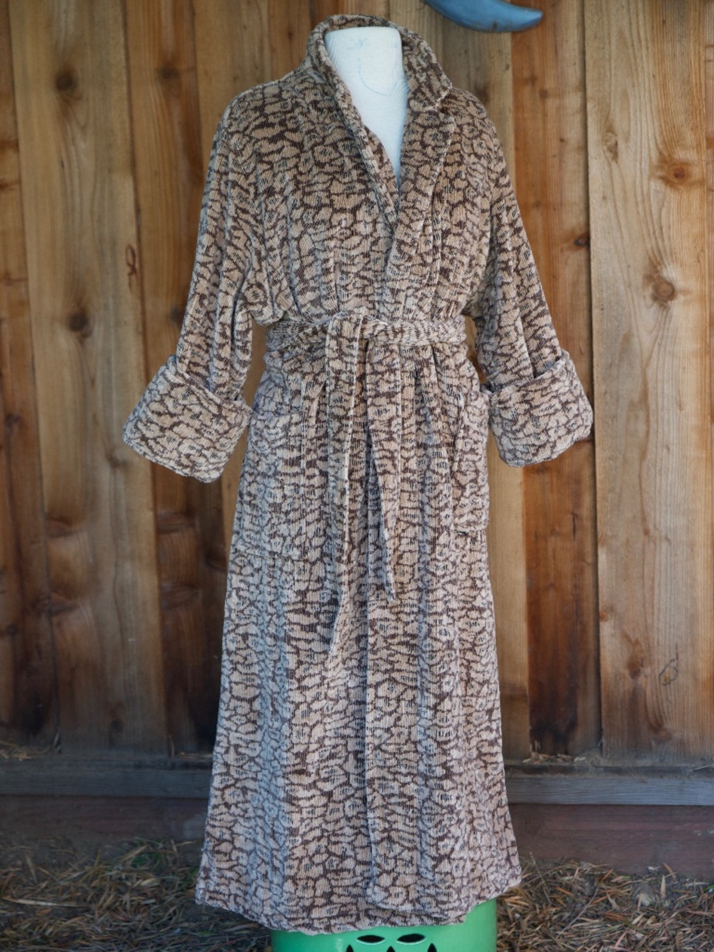 Vintage Terrisol 100% Cotton Terri Cloth Animal Print Long Robe Made In Brazil